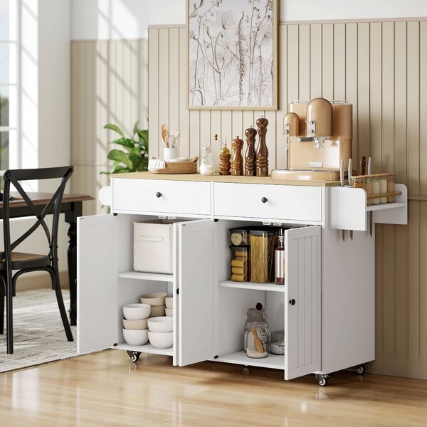 HOMCOM Isola da cucina su ruote, 2 cassetti, 2 armadi, spostabile, ripiano per spezie, porta asciugamani, porta coltelli, MDF, Bianco | Aosom Italy