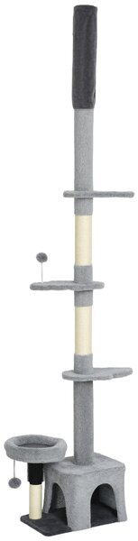 PawHut Albero per gatti dal pavimento al soffitto, torre regolabile in altezza 225-255 cm a più livelli, rivestimento in peluche, grigio | Aosom Italy