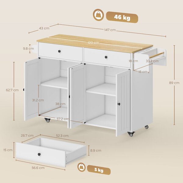 HOMCOM Isola da cucina su ruote, 2 cassetti, 2 armadi, spostabile, ripiano per spezie, porta asciugamani, porta coltelli, MDF, Bianco | Aosom Italy