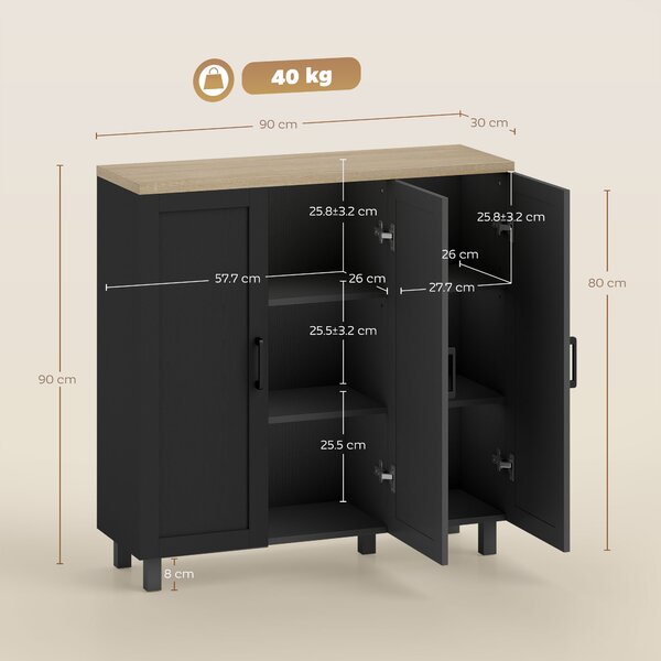 HOMCOM Credenza da Soggiorno con 3 Ante e Ripiani Regolabili per Cucina Sala da Pranzo Stile Moderno 90x30x90 cm Nero | Aosom Italy