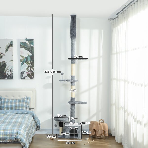 PawHut Albero per gatti dal pavimento al soffitto, torre regolabile in altezza 225-255 cm a più livelli, rivestimento in peluche, grigio | Aosom Italy
