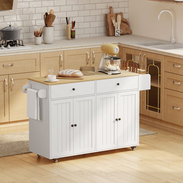 HOMCOM Isola da cucina su ruote, 2 cassetti, 2 armadi, spostabile, ripiano per spezie, porta asciugamani, porta coltelli, MDF, Bianco | Aosom Italy
