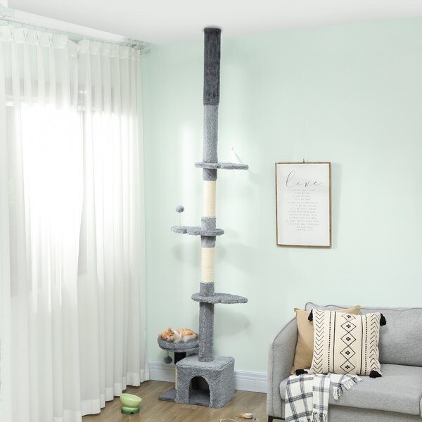 PawHut Albero per gatti dal pavimento al soffitto, torre regolabile in altezza 225-255 cm a più livelli, rivestimento in peluche, grigio | Aosom Italy