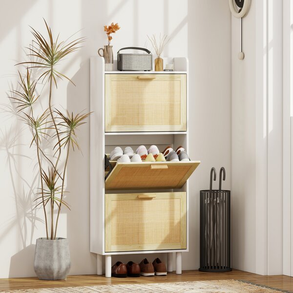 HOMCOM Scarpiera 3 ante a ribalta ripiani effetto resina intrecciata design boho 65 x 24,5 x 153 cm bianco | Aosom Italy
