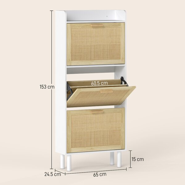 HOMCOM Scarpiera 3 ante a ribalta ripiani effetto resina intrecciata design boho 65 x 24,5 x 153 cm bianco | Aosom Italy