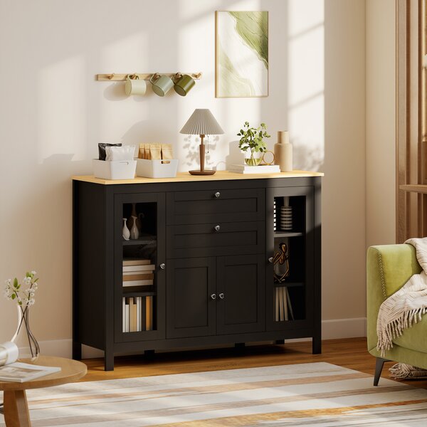 HOMCOM Buffet mobile contenitore 1 armadio doppia anta 2 armadi con anta in vetro 2 cassetti ripiano regolabile 120x40x90cm nero | Aosom Italy