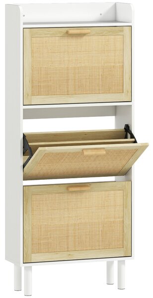 HOMCOM Scarpiera 3 ante a ribalta ripiani effetto resina intrecciata design boho 65 x 24,5 x 153 cm bianco | Aosom Italy