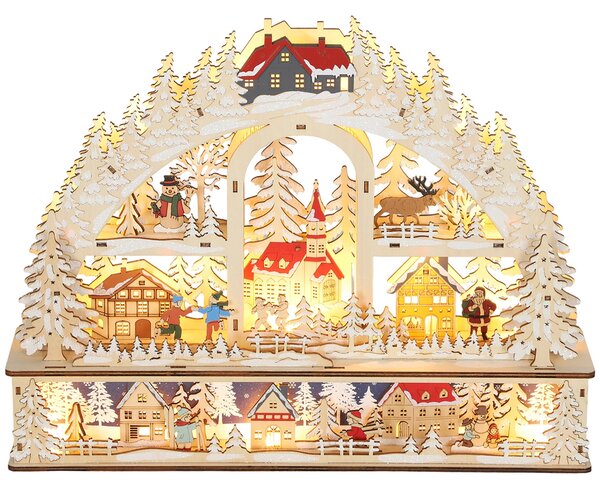 HOMCOM Villaggio di Natale luminoso con 20 LED, villaggio di Natale animato ad arco, funziona a batterie, 45 x 10 x 35 cm, legno naturale | Aosom Italy