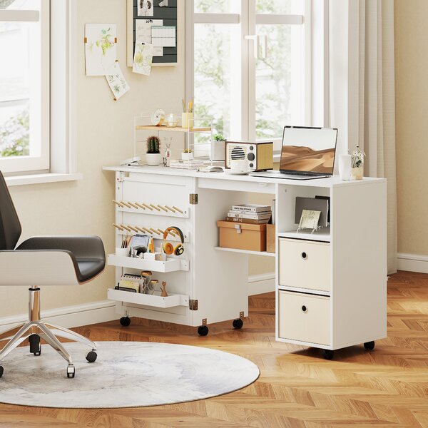 HOMCOM Tavolo da cucito pieghevole, mobile da cucito su ruote con porta magnetica, 2 vaschette, 2 cassetti, 146,4x40x77,5cm, bianco | Aosom Italy