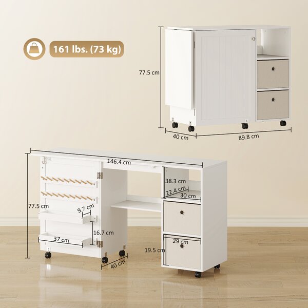 HOMCOM Tavolo da cucito pieghevole, mobile da cucito su ruote con porta magnetica, 2 vaschette, 2 cassetti, 146,4x40x77,5cm, bianco | Aosom Italy
