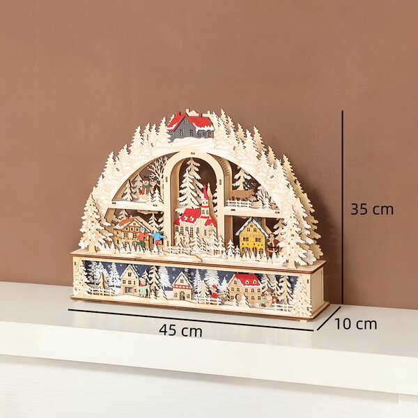 HOMCOM Villaggio di Natale luminoso con 20 LED, villaggio di Natale animato ad arco, funziona a batterie, 45 x 10 x 35 cm, legno naturale | Aosom Italy