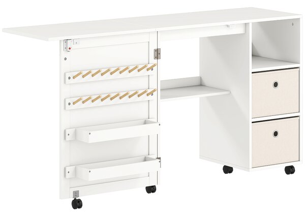 HOMCOM Tavolo da cucito pieghevole, mobile da cucito su ruote con porta magnetica, 2 vaschette, 2 cassetti, 146,4x40x77,5cm, bianco | Aosom Italy