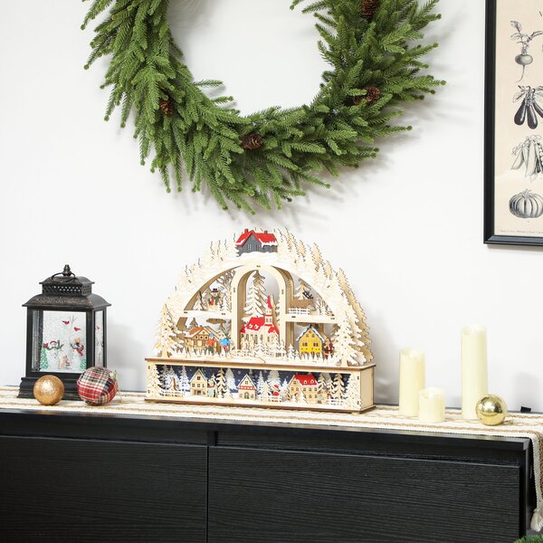 HOMCOM Villaggio di Natale luminoso con 20 LED, villaggio di Natale animato ad arco, funziona a batterie, 45 x 10 x 35 cm, legno naturale | Aosom Italy