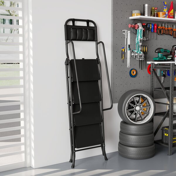 HOMCOM Scala Pieghevole 4 Gradini con Borsa Porta Attrezzi Escalera a Forbice con Gradini Larghi Antiscivolo Nero | Aosom Italy