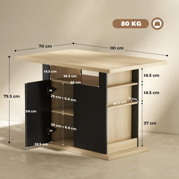 HOMCOM Tavolo da pranzo isola centrale cucina con ampio piano 4-6 persone armadio 4 ante 110 x 70 x 75,5 cm nero | Aosom Italy