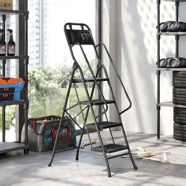 HOMCOM Scala Pieghevole 4 Gradini con Borsa Porta Attrezzi Escalera a Forbice con Gradini Larghi Antiscivolo Nero | Aosom Italy