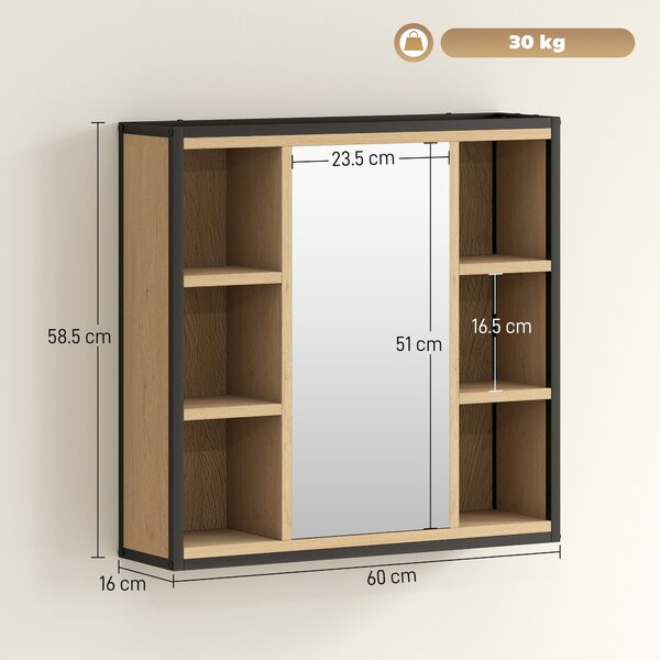 HOMCOM Specchiera da bagno, 6 scomparti aperti, ripiano regolabile su 3 livelli, montaggio a parete, Rovere | Aosom Italy