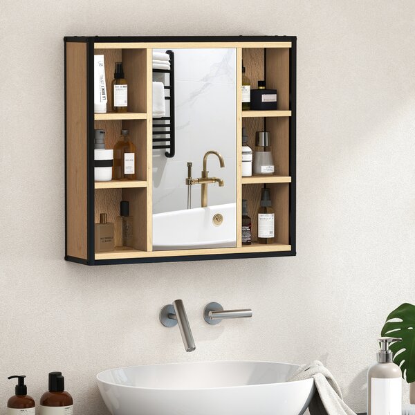 HOMCOM Specchiera da bagno, 6 scomparti aperti, ripiano regolabile su 3 livelli, montaggio a parete, Rovere | Aosom Italy