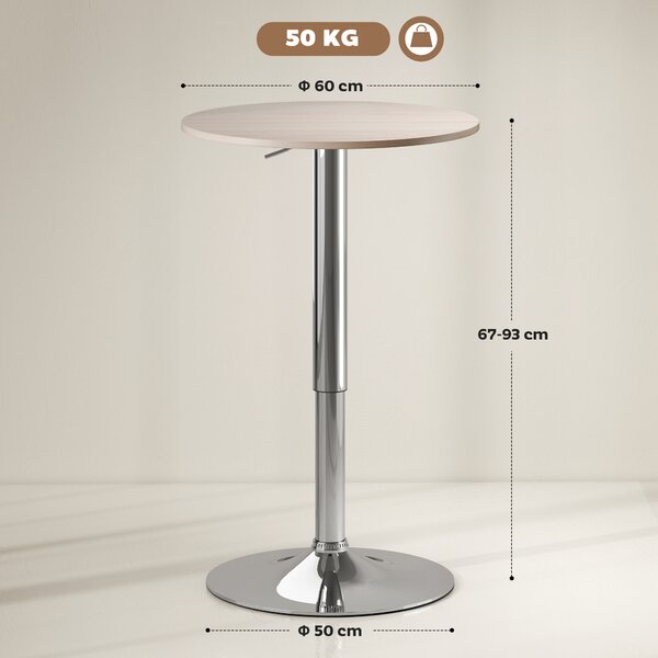 HOMCOM Tavolo da Bar con Altezza Regolabile Girevole 360° Base Rotonda Tavolo Alto da Bar per Cucina Sala da Pranzo Ø60x67-93 cm Naturale | Aosom Italy