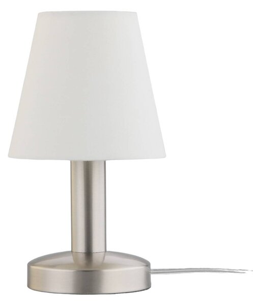 Lampada da comodino Hanno con paralume in tessuto bianco