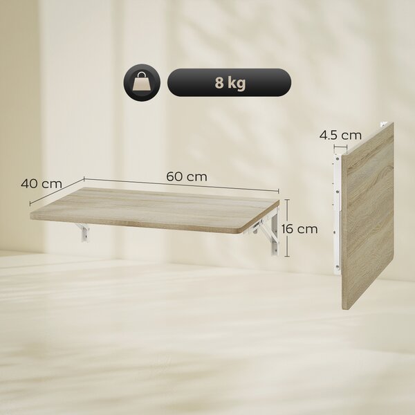 HOMCOM Tavolo pieghevole da parete, 60x40 cm, scrivania sospesa salvaspazio con angoli arrotondati, per home office, soggiorno, camera da letto, cucina, rovere | Aosom Italy