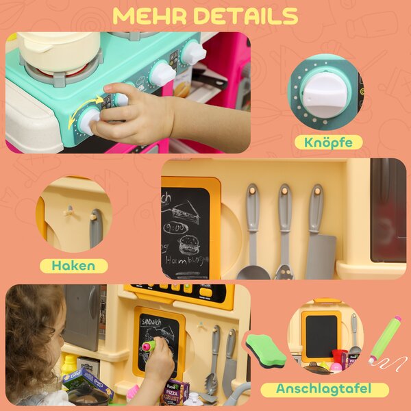 AIYAPLAY Cucina giocattolo con acqua corrente, 85 pezzi di accessori, rubinetto elettrico, luci, suoni, per bambini da 3 a 6 anni | Aosom Italy