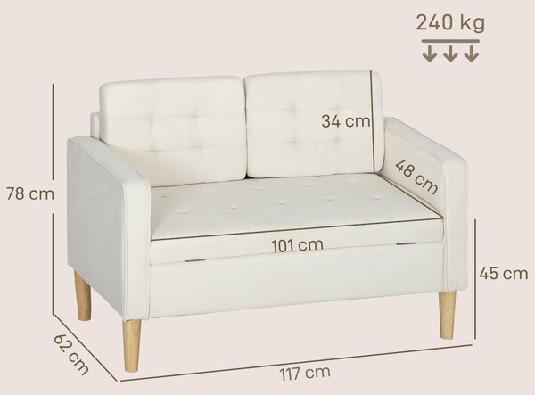 HOMCOM Divano due posti con contenitore, capitonnè con bottoni, cuscini, legno di gomma, 117x62x78cm, Bianco crema | Aosom Italy