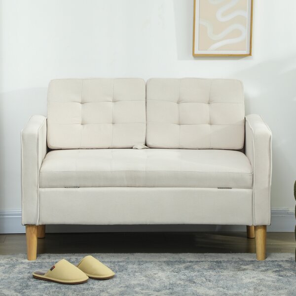 HOMCOM Divano due posti con contenitore, capitonnè con bottoni, cuscini, legno di gomma, 117x62x78cm, Bianco crema | Aosom Italy