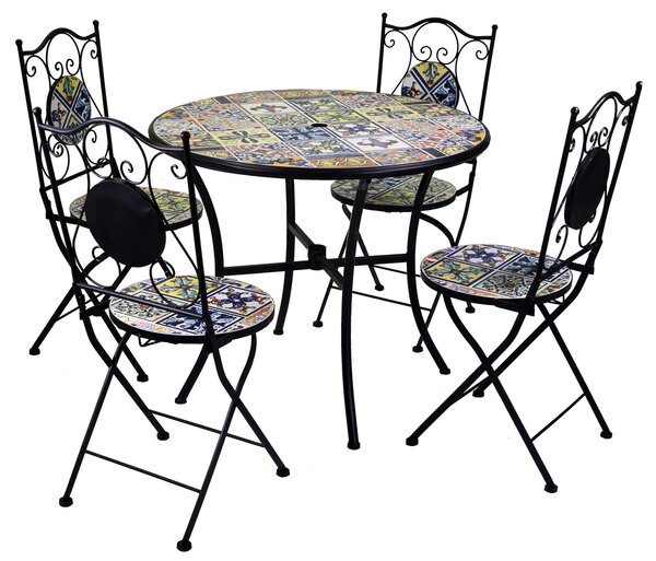 Set da Giardino Tavolo e 4 Sedie in Metallo con Mosaico Trapani Nero