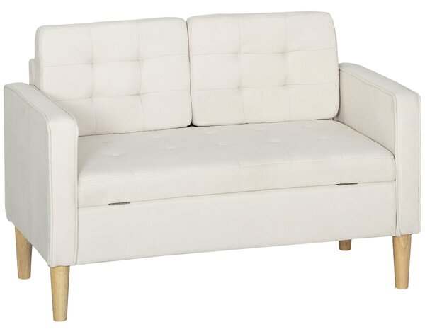 HOMCOM Divano due posti con contenitore, capitonnè con bottoni, cuscini, legno di gomma, 117x62x78cm, Bianco crema | Aosom Italy