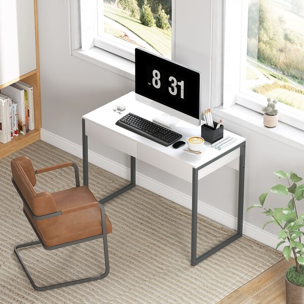 HOMCOM Scrivania con 2 Cassetti 100x50x75 cm Scrivania per Computer Gambe in Acciaio per Casa Spazi Ridotti Bianco Lucido | Aosom Italy