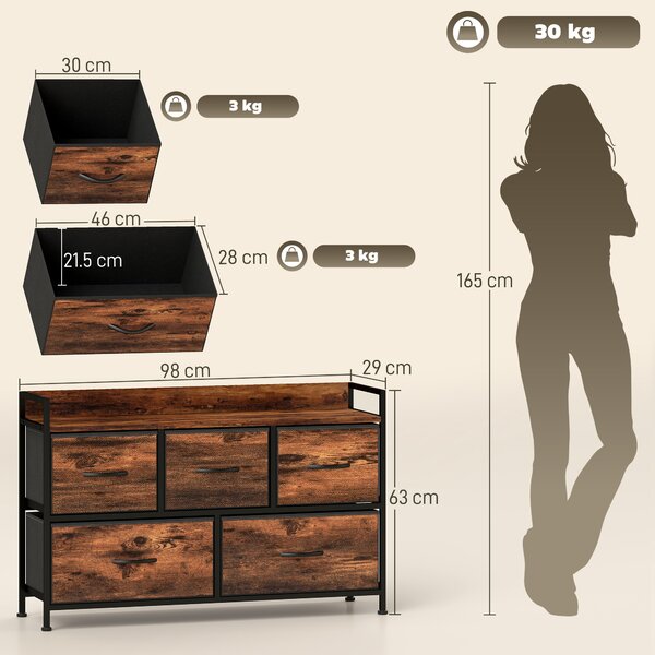 HOMCOM Cassettiera, mobile contenitore con 5 cassetti in tessuto pieghevoli, piano e struttura in acciaio, 98 x 29 x 63 cm, marrone rustico | Aosom Italy