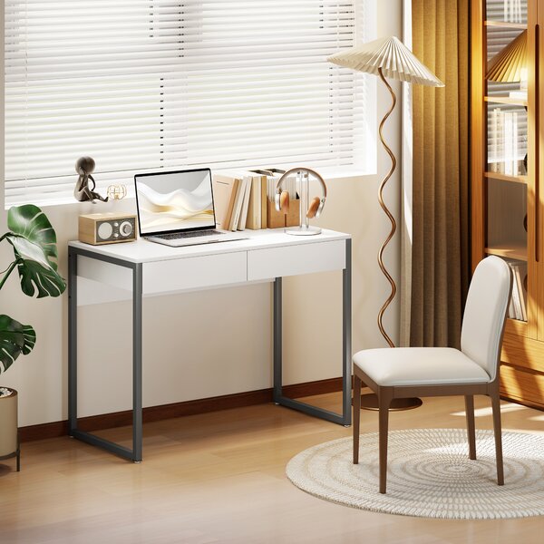 HOMCOM Scrivania con 2 Cassetti 100x50x75 cm Scrivania per Computer Gambe in Acciaio per Casa Spazi Ridotti Bianco Lucido | Aosom Italy