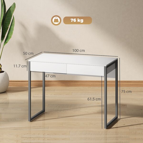 HOMCOM Scrivania con 2 Cassetti 100x50x75 cm Scrivania per Computer Gambe in Acciaio per Casa Spazi Ridotti Bianco Lucido | Aosom Italy