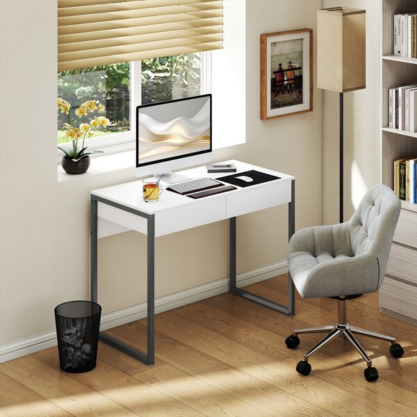 HOMCOM Scrivania con 2 Cassetti 100x50x75 cm Scrivania per Computer Gambe in Acciaio per Casa Spazi Ridotti Bianco Lucido | Aosom Italy