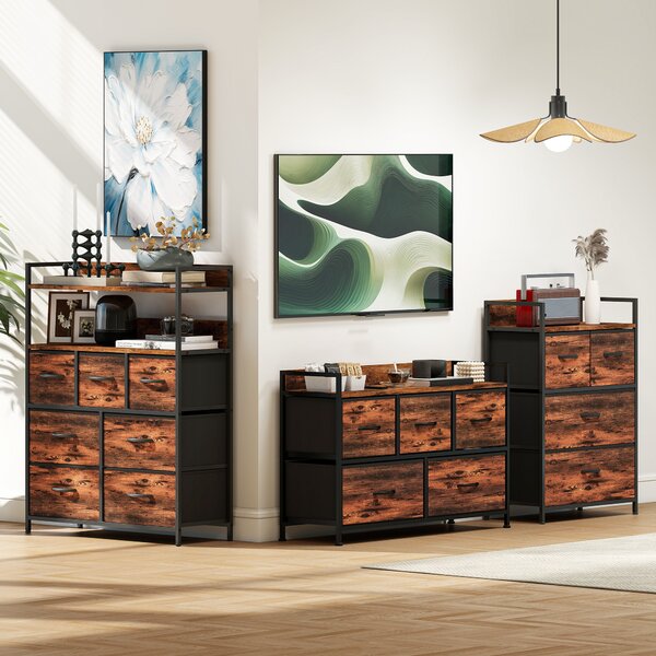 HOMCOM Cassettiera, mobile contenitore con 5 cassetti in tessuto pieghevoli, piano e struttura in acciaio, 98 x 29 x 63 cm, marrone rustico | Aosom Italy