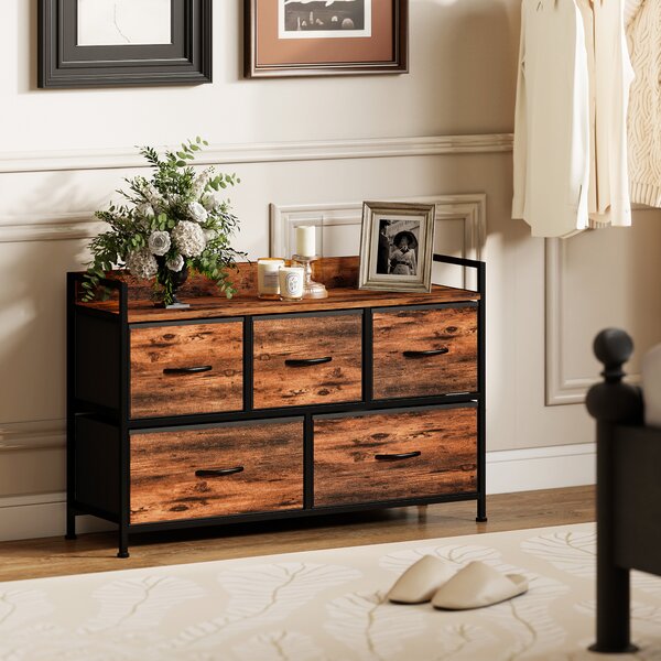 HOMCOM Cassettiera, mobile contenitore con 5 cassetti in tessuto pieghevoli, piano e struttura in acciaio, 98 x 29 x 63 cm, marrone rustico | Aosom Italy