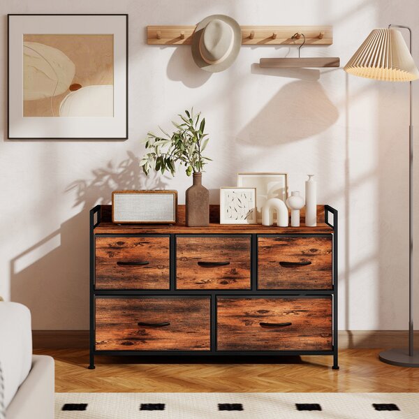 HOMCOM Cassettiera, mobile contenitore con 5 cassetti in tessuto pieghevoli, piano e struttura in acciaio, 98 x 29 x 63 cm, marrone rustico | Aosom Italy