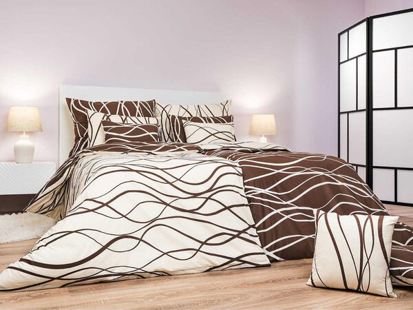 Set di lenzuola in cotone, motivo "Onde" color banana-marrone, formato DUO: 140x200 cm, 70x90 cm