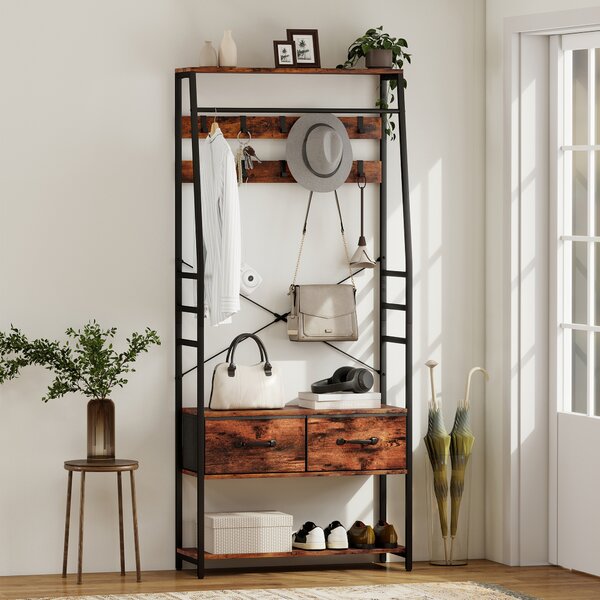 HOMCOM Mobile d'ingresso 6 in 1 appendiabiti barra appendiabiti mensola 2 cassetti 10 ganci 80 x 30 x 180 cm marrone rustico | Aosom Italy