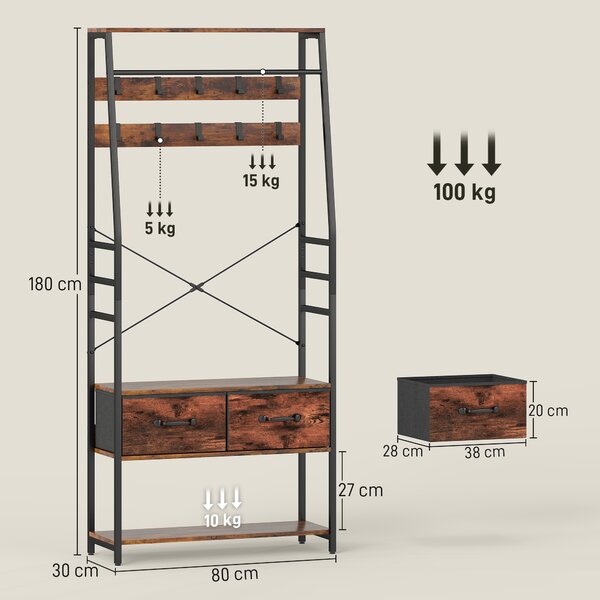 HOMCOM Mobile d'ingresso 6 in 1 appendiabiti barra appendiabiti mensola 2 cassetti 10 ganci 80 x 30 x 180 cm marrone rustico | Aosom Italy