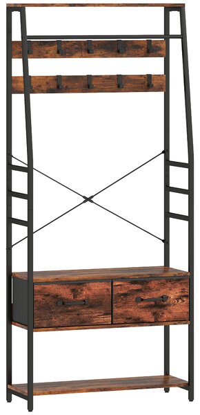 HOMCOM Mobile d'ingresso 6 in 1 appendiabiti barra appendiabiti mensola 2 cassetti 10 ganci 80 x 30 x 180 cm marrone rustico | Aosom Italy