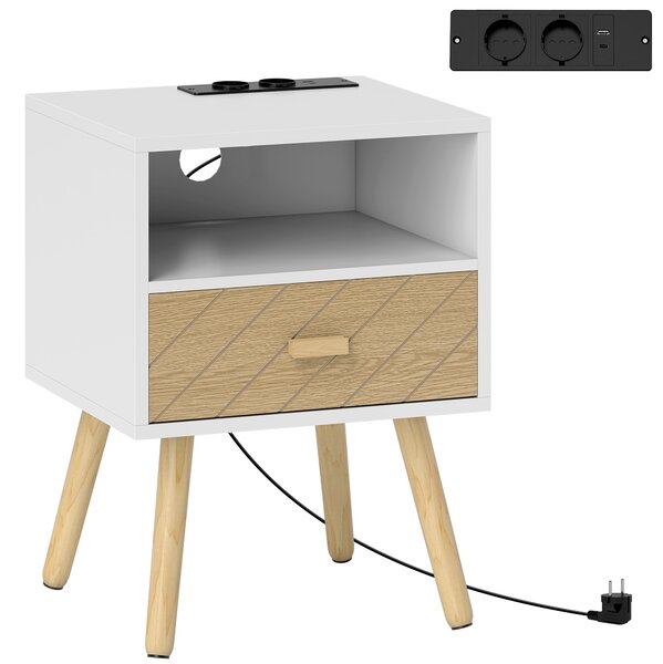HOMCOM Comodino con Stazione di Ricarica Cassetto 2 Prese AC Porta USB USB-C Scomparto Aperto Gambe in Legno Bianco | Aosom Italy