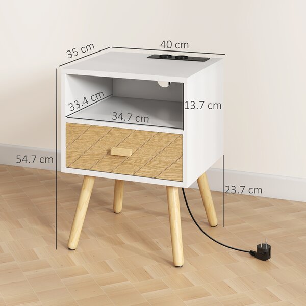 HOMCOM Comodino con Stazione di Ricarica Cassetto 2 Prese AC Porta USB USB-C Scomparto Aperto Gambe in Legno Bianco | Aosom Italy