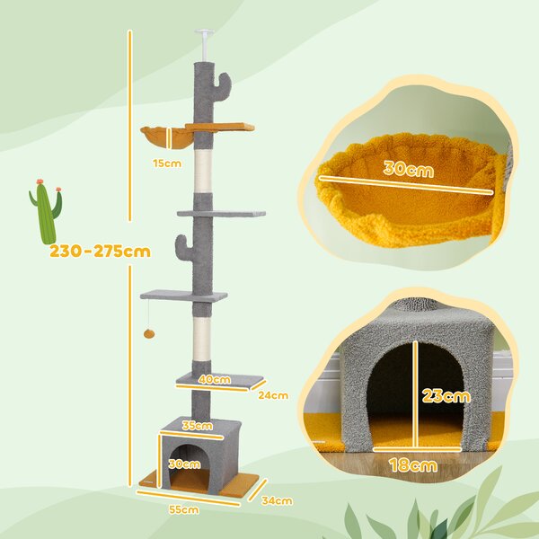 PawHut Albero per gatti, altezza 275 cm, 6 livelli per gatti da interno, da pavimento a soffitto, con piattaforme, nicchia, grigio chiaro | Aosom Italy