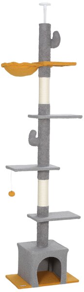 PawHut Albero per gatti, altezza 275 cm, 6 livelli per gatti da interno, da pavimento a soffitto, con piattaforme, nicchia, grigio chiaro | Aosom Italy