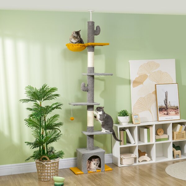 PawHut Albero per gatti, altezza 275 cm, 6 livelli per gatti da interno, da pavimento a soffitto, con piattaforme, nicchia, grigio chiaro | Aosom Italy