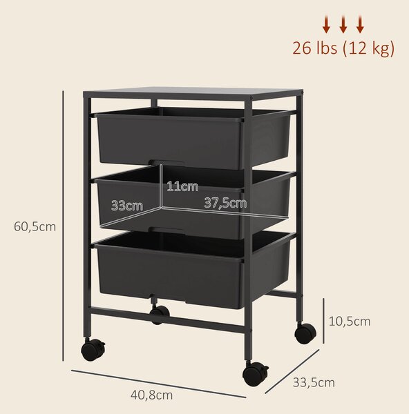 HOMCOM Carrello d'appoggio con ruote, 3 cestelli per trasporto e conservazione, carrello cucina, 40,8L x 33,5B x 60,5H cm, Nero | Aosom Italy