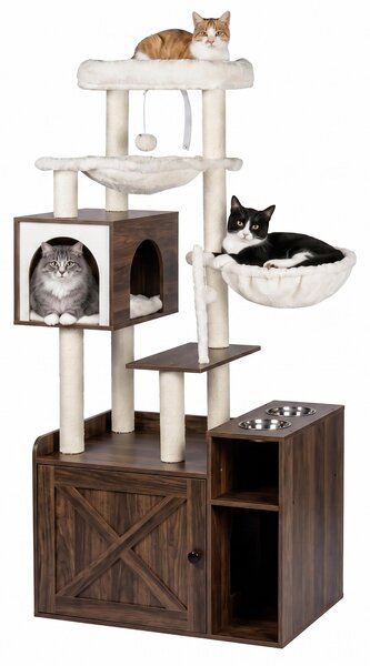 Relaxdays, tiragraffi per gatti con armadietto per la lettiera e dispenser per cibo, dimensioni 144x71x45,5 cm, pali in sisal e cuccia, aspetto legno, colore marrone