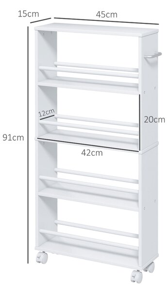 HOMCOM Scaffale multifunzione con ruote, struttura stretta, 4 scomparti, 45x15x91 cm, Bianco | Aosom Italy